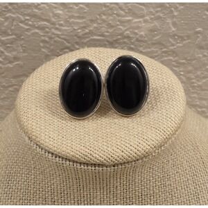Vintage Domed Black‎ Onyx Sterling Silver Clip-On Earrings ATI 925